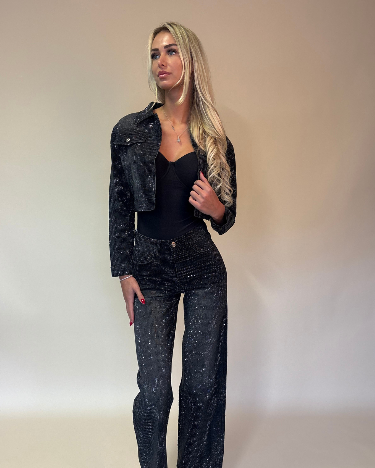 Glitter Denim Set Zwart – Cropped Jacket & Jeans